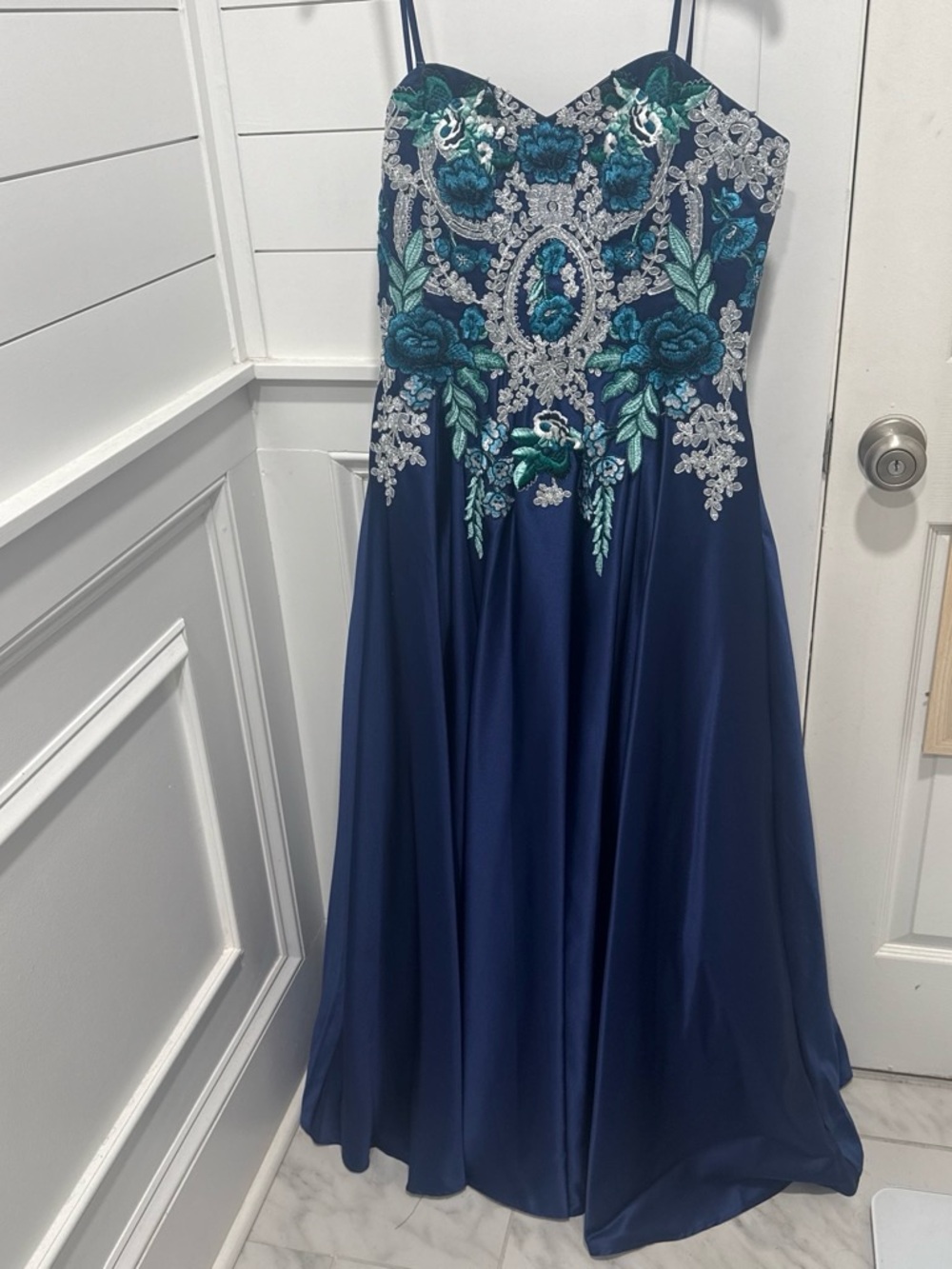Navy Beaded Floral Appliqué Evening Gown